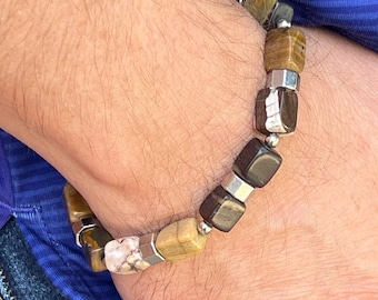 Brown and Cream Stone Bracelet with Silver Accents