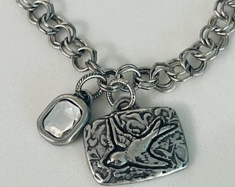 Silver Plated Bird Charm and Crystal Rhinestone Bracelet with Chain and Toggle Clasp