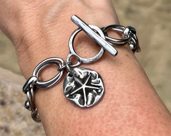 Bracciale da donna in stile catena d'argento con dollaro di sabbia, stile spiaggia, braccialetto a levetta, regalo per lei