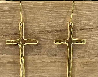 Gold Cross Dangle Earrings; Fish Hook Earrings