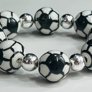 Women&#39;s Soccer Ball Bracelet, White, Black and Silver, Gift for Her