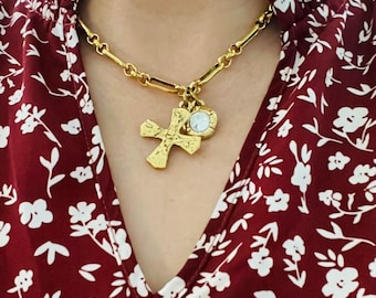 Gold Cross Necklace with Swarovski Crystal Charm:  12K Plated Chain