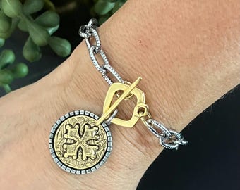 Silver and Gold Cross Medal Charm Bracelet with Chain and Toggle Clasp