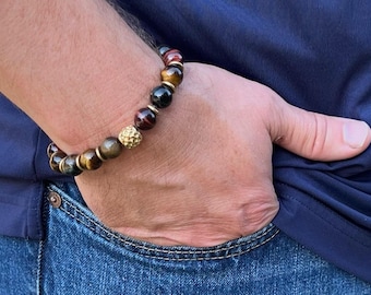 Jewel Toned Tiger Eye and Gold Beaded Bracelet