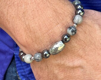 Gray, Black and Silver Bracelet with Picasso Jasper Gemstone