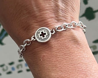 Silver Cross Medallion Chain Bracelet