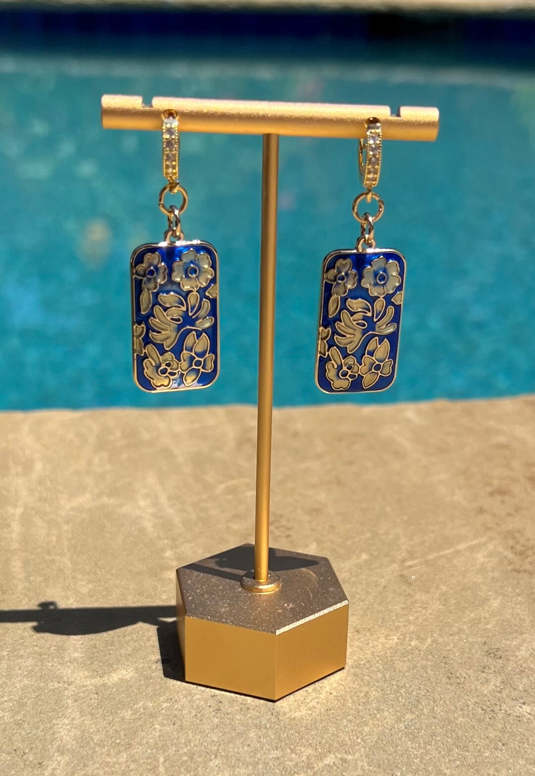 Blue and Gold Earrings, Cloisonné Earrings, Womens Earrings, Royal Blue