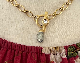 12K Gold Plated Necklace with Pyrite Gemstone Charm and Rhinestone Toggle