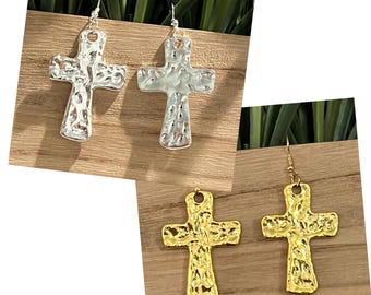 Hammered Metal Cross Dangle Earrings: Silver or Gold