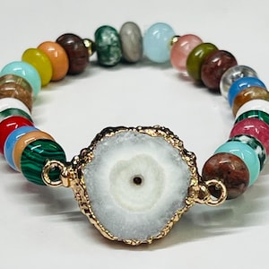 Women&#39;s Multicolored Gemstone Beaded Bracelet, Rainbow and Gold Bracelet, Gift for Her