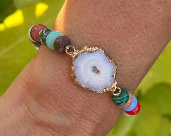 Colorful Gemstone Bracelet with White Geode Style Accent