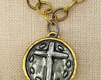 Reversible Cross and Crown Medallion Necklace:  Bold Faith Statement Jewelry