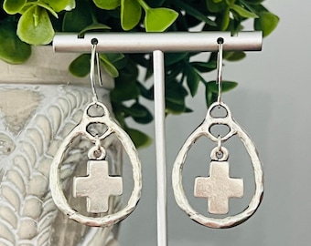 Silver Oval Cross Dangle Earrings