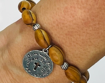 Bible Verse and Cross Bracelet in Brown and Silver: I Am With You Always