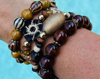 Brown and Cream Czech Glass Bracelet Stack