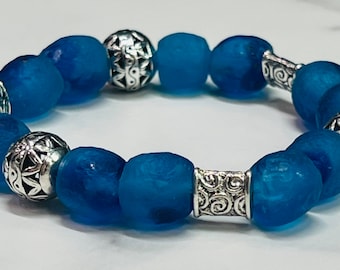 Women&#39;s Turquoise, Teal Blue and Silver Bracelet, African Recycled Glass, Gift for Her