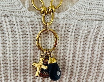 24" Cross Charm Necklace with Navy Blue Jade and Swarovski Pendants: 12K Gold Plated