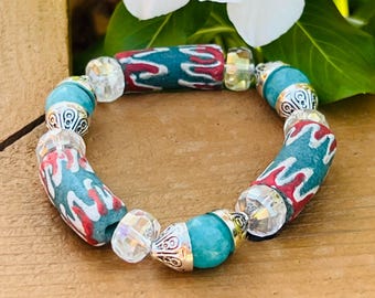 Turquoise, White and Orange Krobo Glass Bracelet with Silver Accents