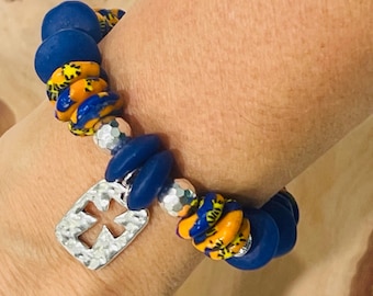 Cross Bracelet with Royal Blue and Orange African Glass with Silver Accents
