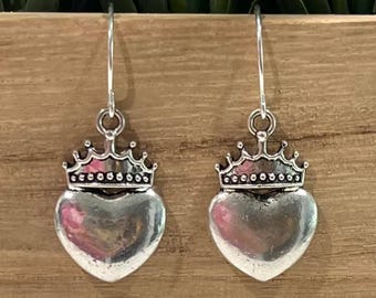Silver Heart Crown Earrings: Fish Hook Style