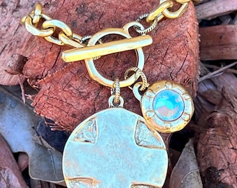 Lord's Prayer Bracelet: Gold with Cross & Swarovski Charm