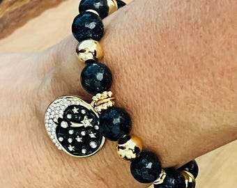 Navy Blue and Gold Moon Charm Bracelet with Goldstone Gemstone