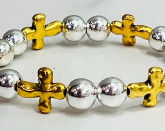 Silver and Gold Hammered Cross Bracelet