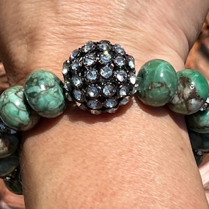Handmade Chunky Jasper Gemstone Bracelet with Rhinestone Bling