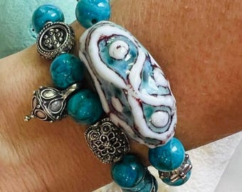 Turquoise and Silver Beaded Bracelet Set with Charm