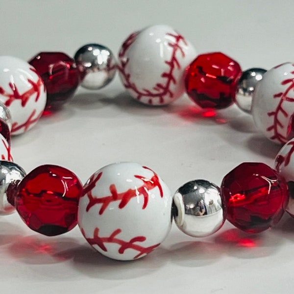 Women's Baseball Bracelet, White, Red and Silver Handmade Bracelet for Baseball Mom or Player