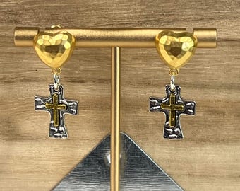 Gold and Silver Cross and Heart Earrings