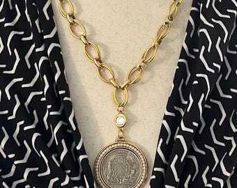 Gold Plated French Coin Charm Necklace with Pearl and Rhinestone Style Accents