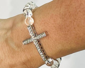 Clear Quartz Cross Bracelet: Silver and Rhinestones