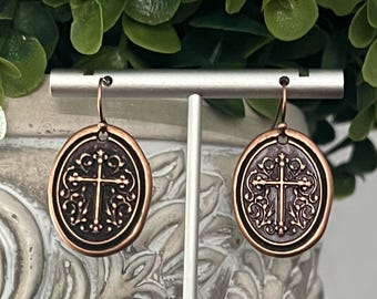 Copper Scrollwork Cross Earrings