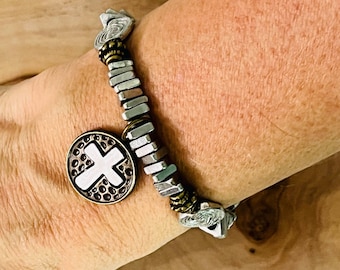 Bronze and Silver Cross Bracelet: Mixed Metals