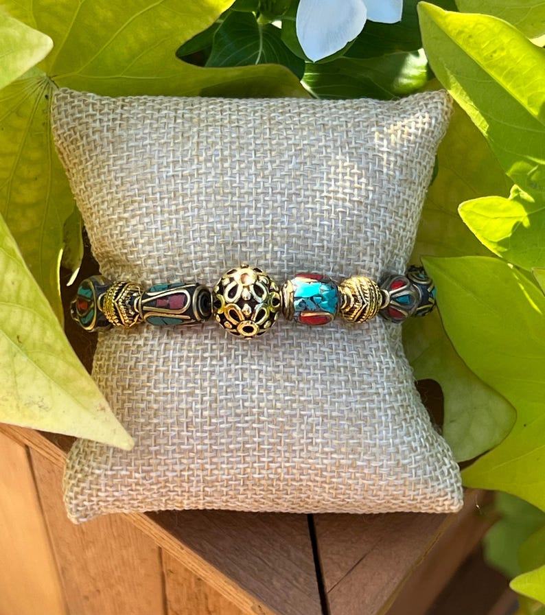 Women's Tibetan Beaded Bracelet in Turquoise, Red and Gold, Statement