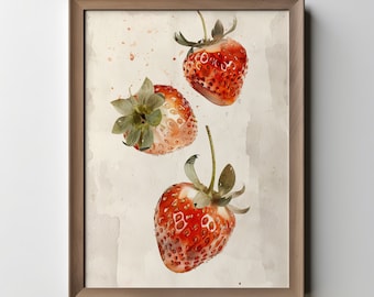 Erdbeere digitale Kunst, Erdbeerdruck, Erdbeerwandkunst, Rote Erdbeeren, Erdbeeren druckbare Kunst