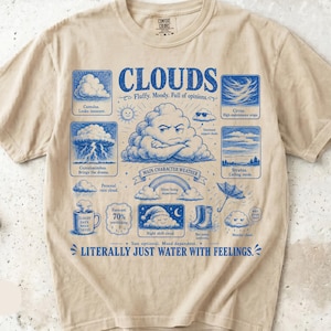 Peut inclure: Un t-shirt à manches courtes ivoire avec une impression graphique bleue représentant divers types de nuages et le texte CLOUDS, Fluffy. Moody. Full of opinions., Main Character Weather, et LITERALLY JUST WATER WITH FEELINGS. Le motif inclut des illustrations de nuages, un arc-en-ciel, un parapluie et des bottes de pluie.