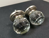 Vintage Door Knobs Handles Crystal Glass Clear Cut Prism Round Set of 2