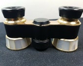 Vintage Opera Glasses Binoculars Japanese Black Enamel Metal and White Mother of Pearl Shell Scala Japan