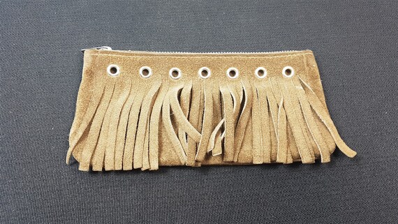 Vintage Wallet Pouch Bag Taupe Brown Suede Leather