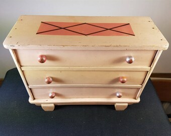 Vintage Pink Miniature Chest of Drawers Box Wooden Retro 1940's Original Painted Wood