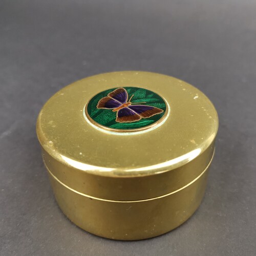 Vintage Brass and Enamel Jewelry Trinket or Ring Box Round with Butterfly on Top selling Lid 1970's Made in England