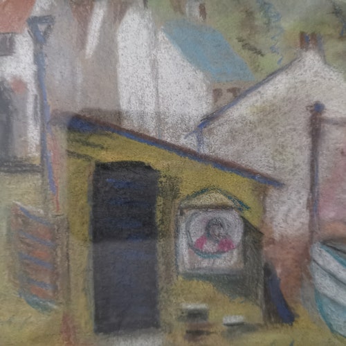 Vintage Pastel Painting Sketch Drawing of shops Nautical Landscape Harbor Scene with Boats Houses Signed by Artist M.T.K and Framed Original Art