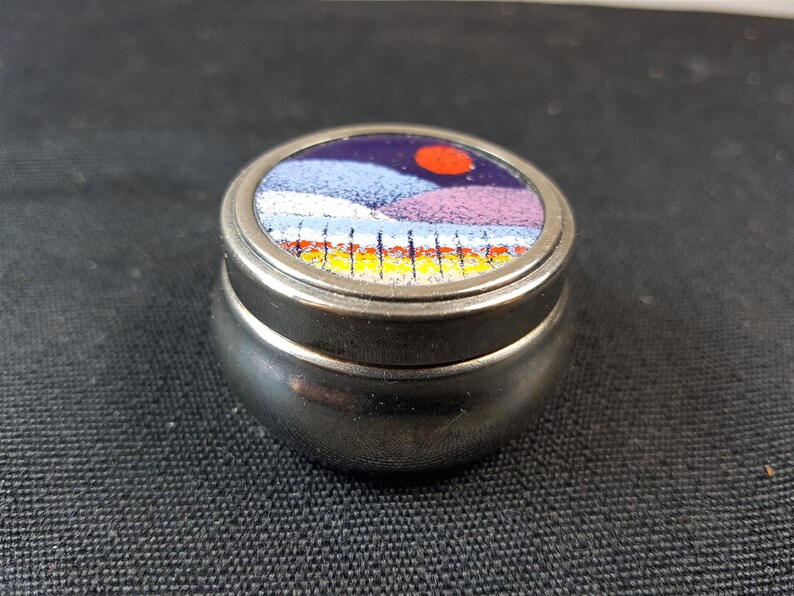 Vintage Silver Metal and Enamel Landscape Pill Ring or Trinket Box