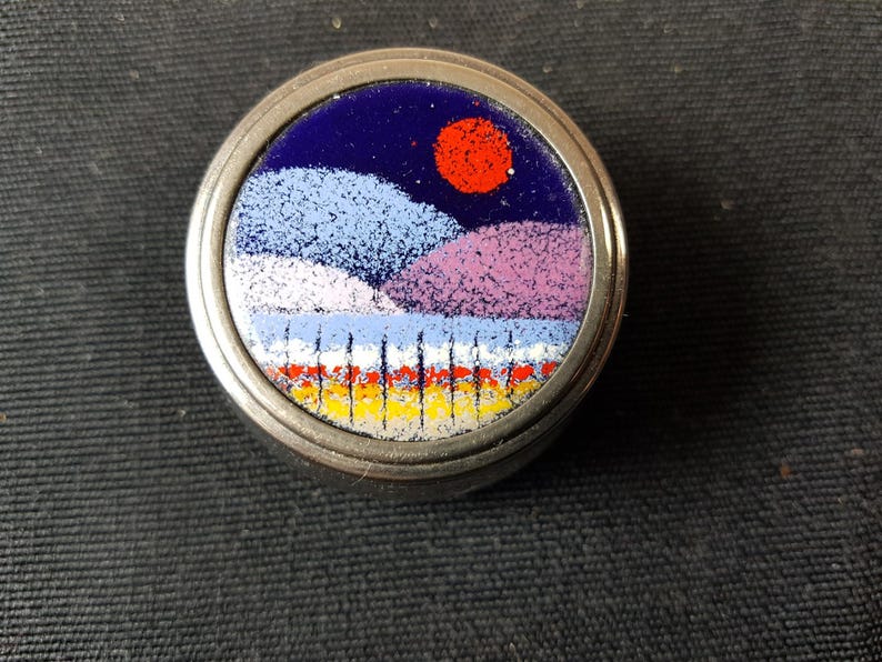 Vintage Silver Metal and Enamel Landscape Pill Ring or Trinket Box