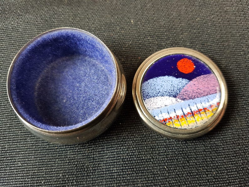 Vintage Silver Metal and Enamel Landscape Pill Ring or Trinket Box
