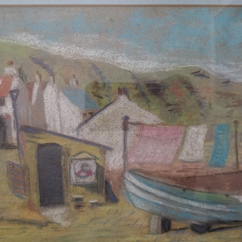Vintage Pastel Painting Sketch Drawing of shops Nautical Landscape Harbor Scene with Boats Houses Signed by Artist M.T.K and Framed Original Art