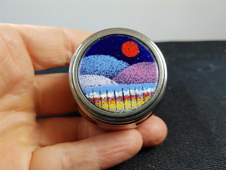Vintage Silver Metal and Enamel Landscape Pill Ring or Trinket Box