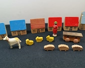 Vintage German Wooden Houses Village Set Multicolored Wood Set with Miniature Farm Animals and Doll 1950 39 s German Democratic Republic